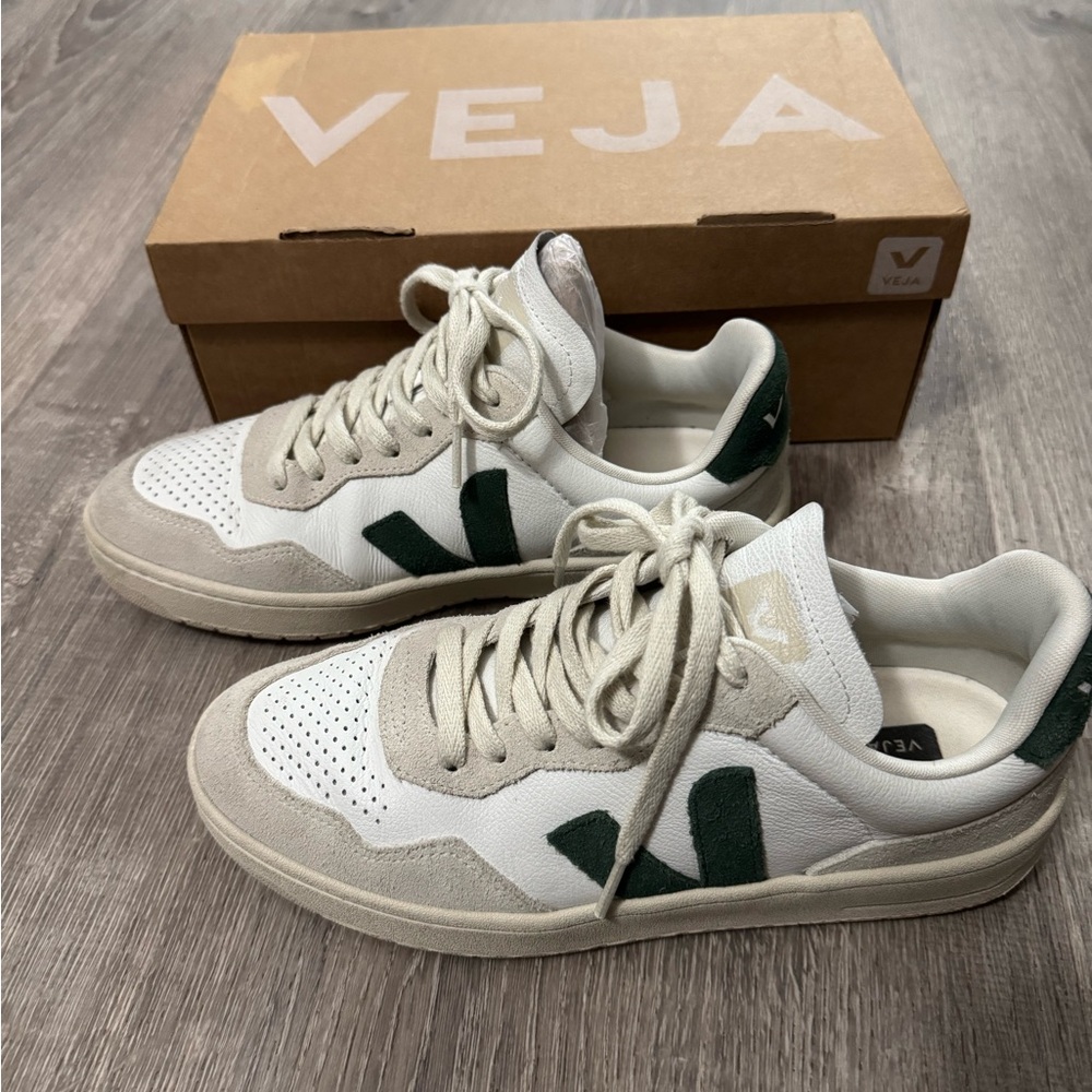 Veja White and Dark Green Sneakers